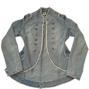 Denim Military Style Jacket Womens 6 Blue Frayed Trim Button Front Boho